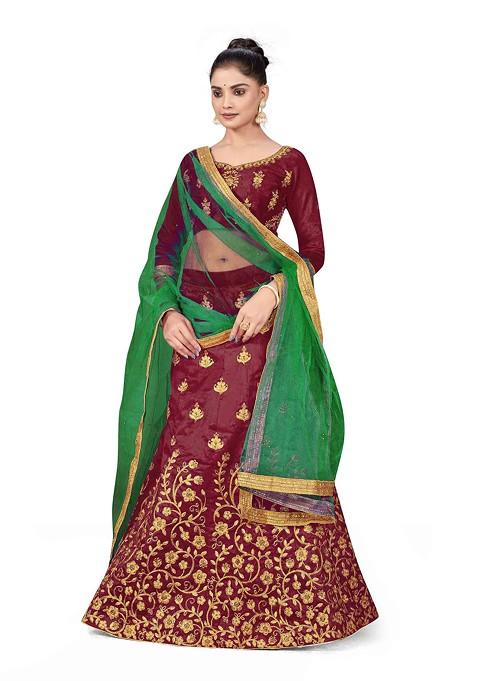 Maroon Zari Embroidered Silk Lehenga Set