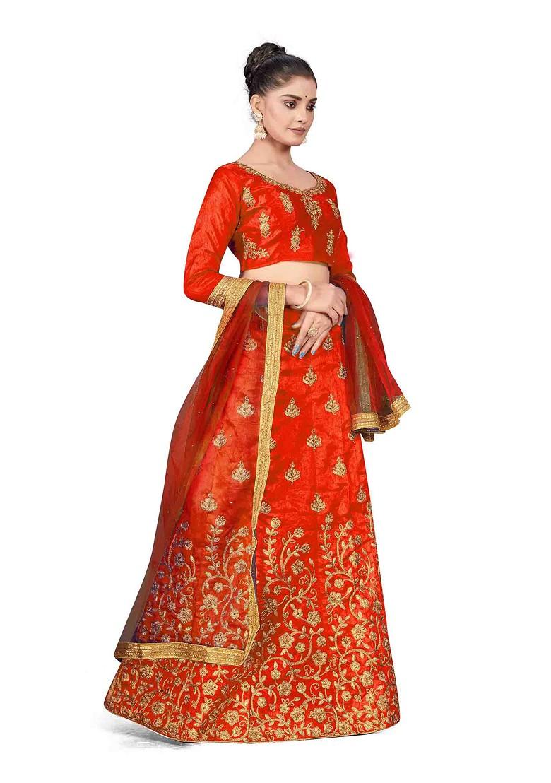 Rust Zari Embroidered Silk Lehenga Set