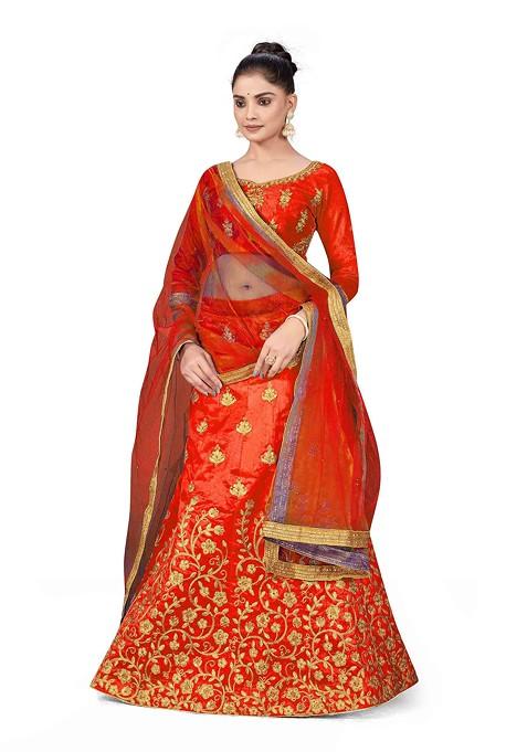 Rust Zari Embroidered Silk Lehenga Set