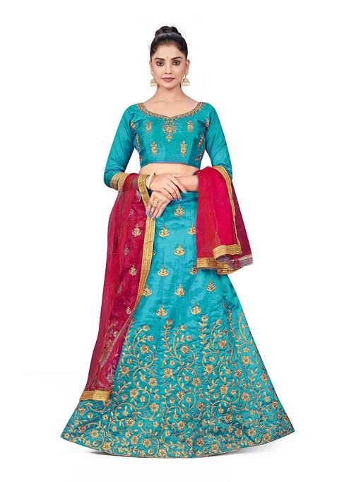 Sky Blue Zari Embroidered Silk Lehenga Set