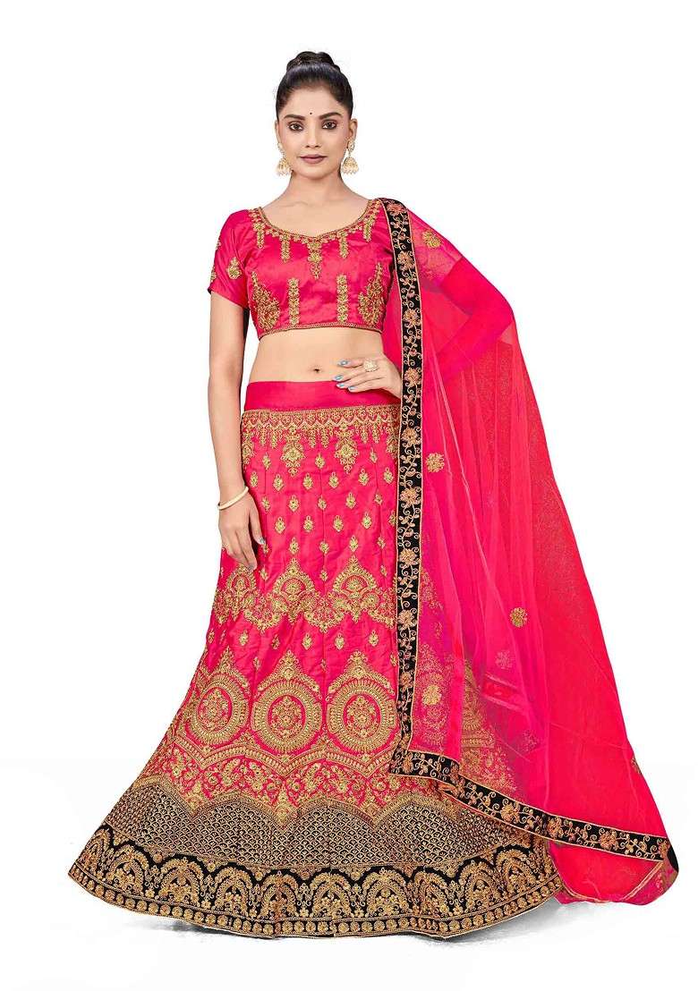 Pink Zari Embroidered Satin Silk Lehenga Set - Indya