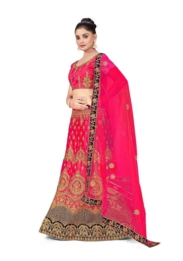 Pink Zari Embroidered Satin Silk Lehenga Set - Indya