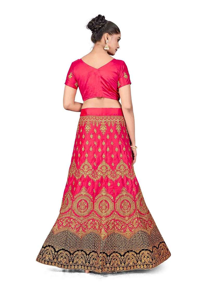 Pink Zari Embroidered Satin Silk Lehenga Set - Indya