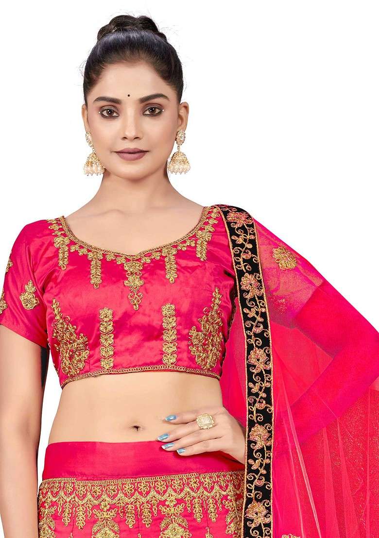 Pink Zari Embroidered Satin Silk Lehenga Set - Indya