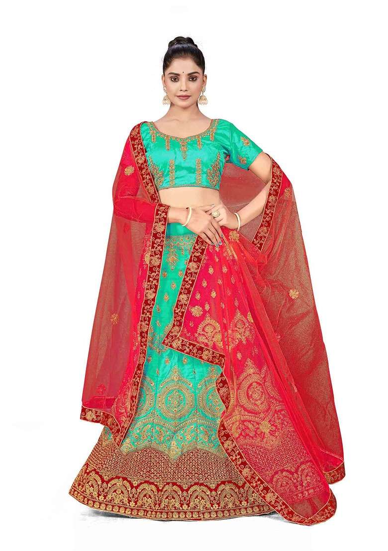 Sea Green Zari Embroidered Satin Silk Lehenga Set - Indya