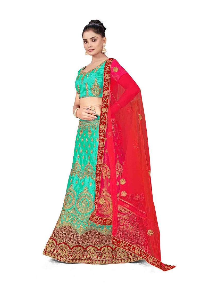 Sea Green Zari Embroidered Satin Silk Lehenga Set - Indya