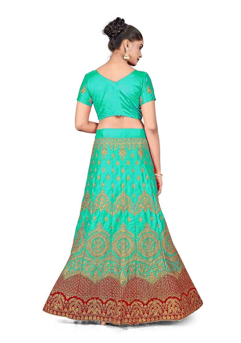 Sea Green Zari Embroidered Satin Silk Lehenga Set - Indya