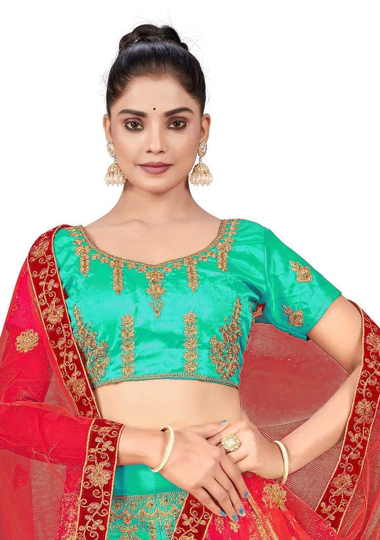 Sea Green Zari Embroidered Satin Silk Lehenga Set - Indya