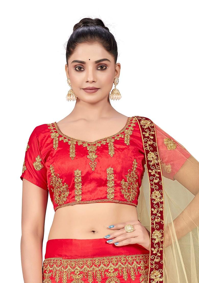 Light Red Zari Embroidered Satin Silk Lehenga Set - Indya
