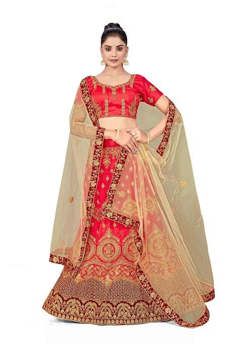 Light Red Zari Embroidered Satin Silk Lehenga Set