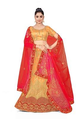 Beige Zari Embroidered Satin Silk Lehenga Set