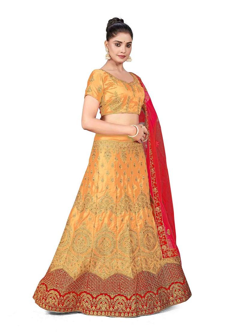 Beige Zari Embroidered Satin Silk Lehenga Set - Indya