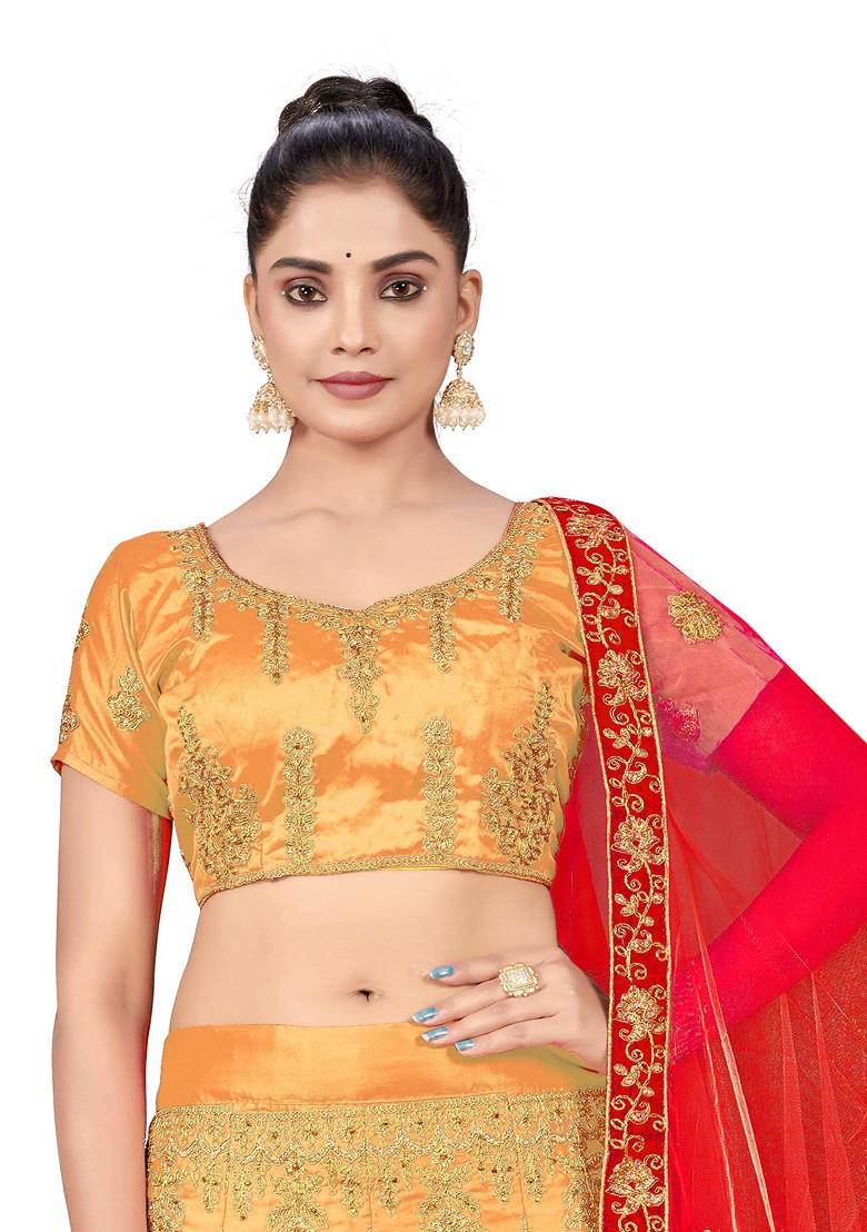 Beige Zari Embroidered Satin Silk Lehenga Set - Indya