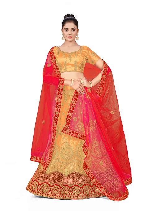 Beige Zari Embroidered Satin Silk Lehenga Set