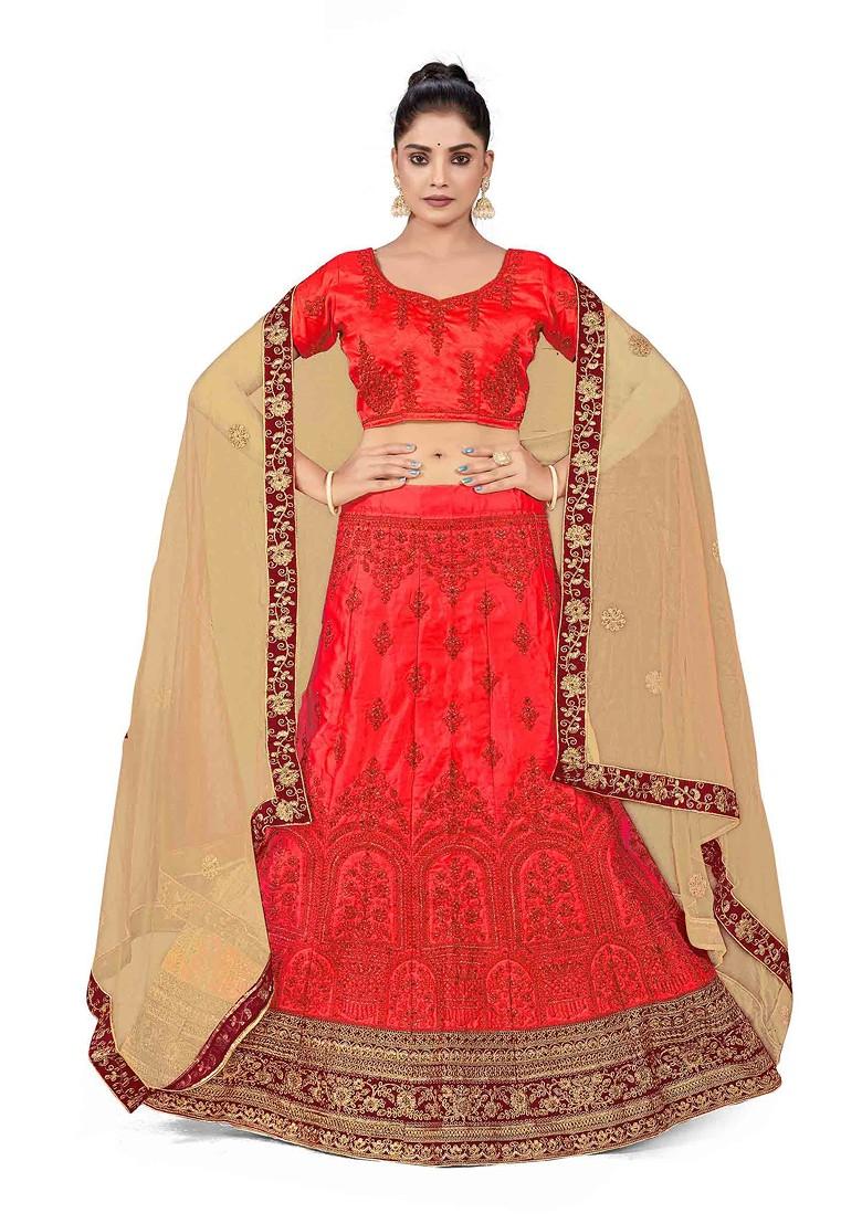 Rust Zari Embroidered Satin Silk Lehenga Set