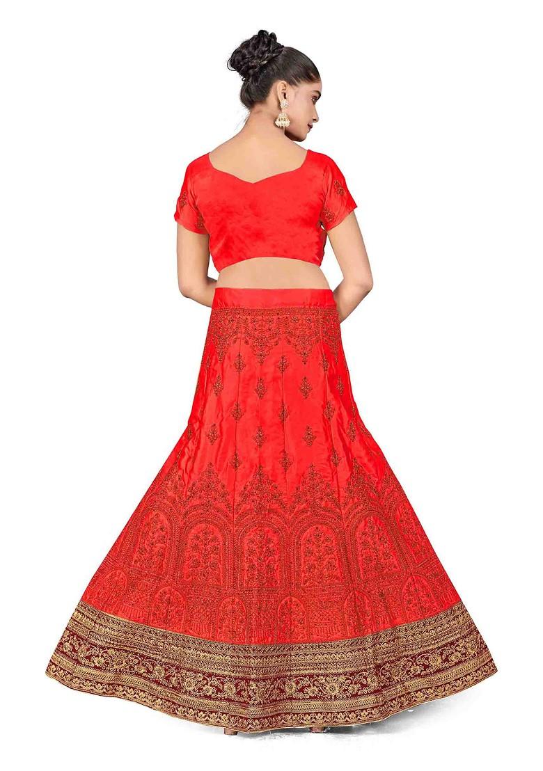 Rust Zari Embroidered Satin Silk Lehenga Set