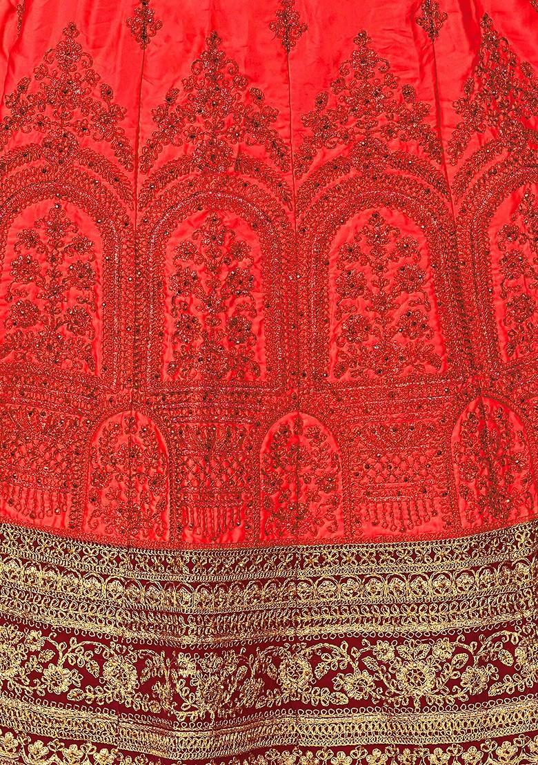 Rust Zari Embroidered Satin Silk Lehenga Set