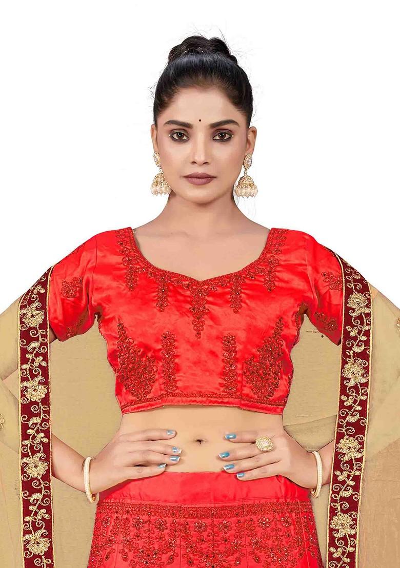 Rust Zari Embroidered Satin Silk Lehenga Set