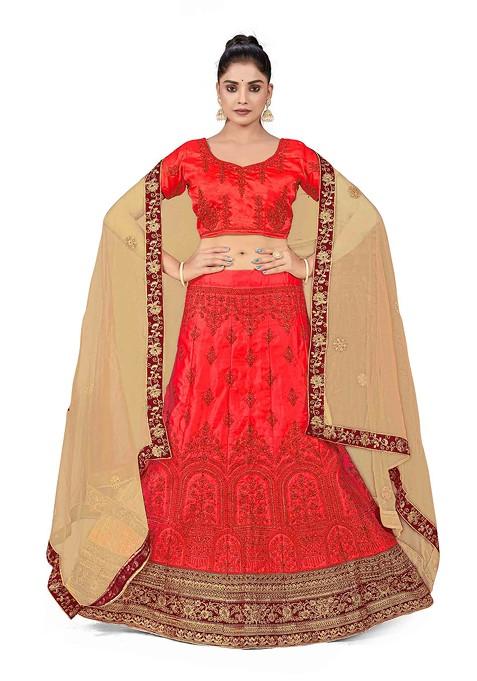 Rust Zari Embroidered Satin Silk Lehenga Set