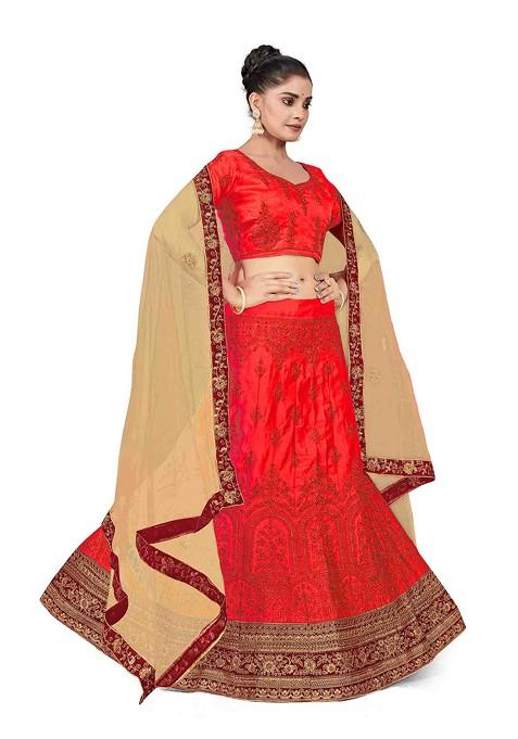 Rust Zari Embroidered Satin Silk Lehenga Set