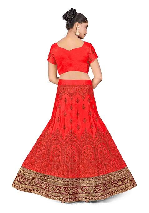 Rust Zari Embroidered Satin Silk Lehenga Set