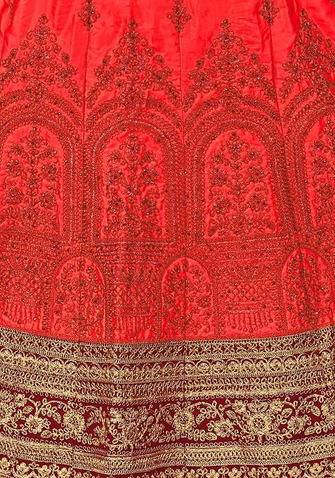 Rust Zari Embroidered Satin Silk Lehenga Set
