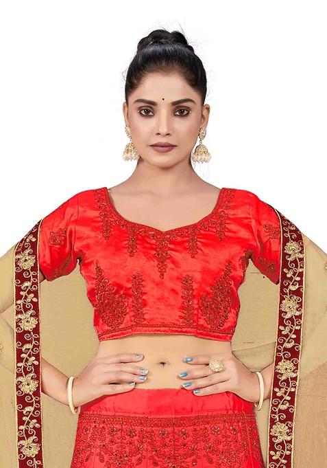 Rust Zari Embroidered Satin Silk Lehenga Set