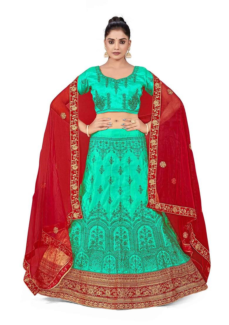 Sea Green Zari Embroidered Satin Silk Lehenga Set