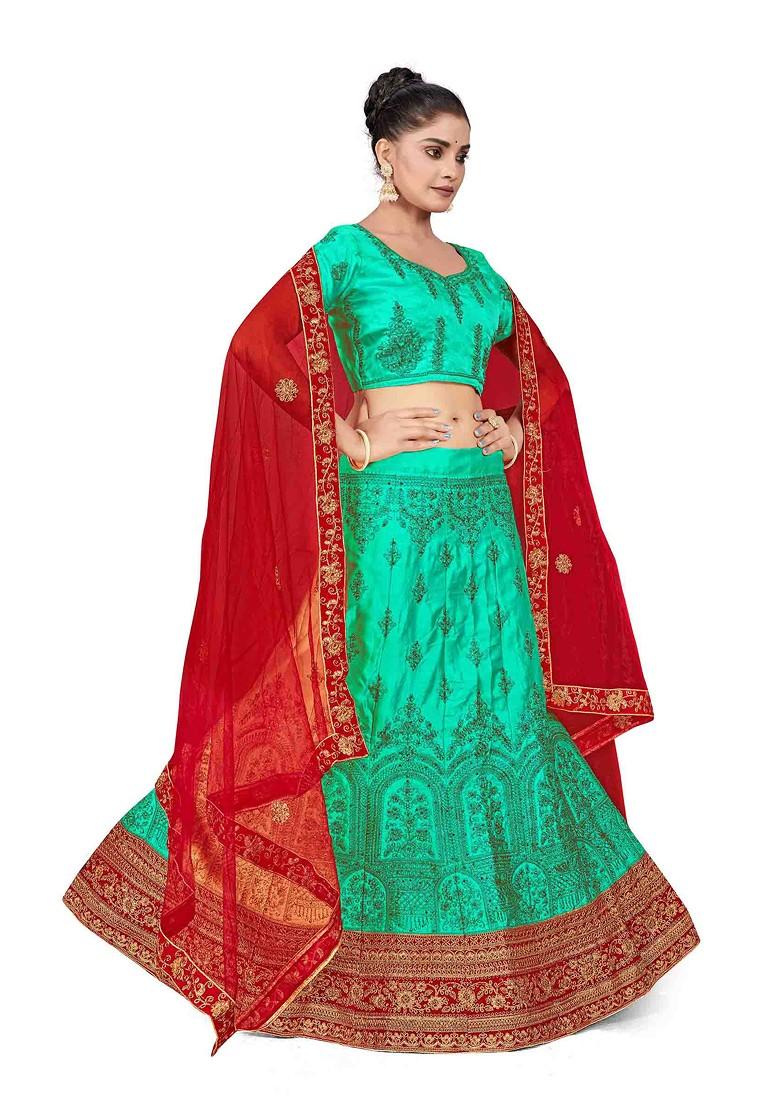 Sea Green Zari Embroidered Satin Silk Lehenga Set