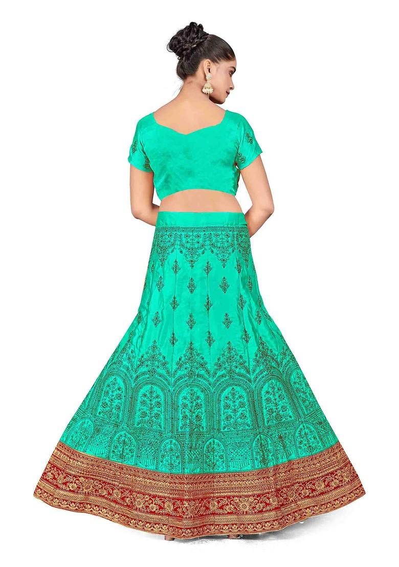 Sea Green Zari Embroidered Satin Silk Lehenga Set