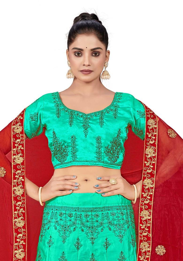 Sea Green Zari Embroidered Satin Silk Lehenga Set