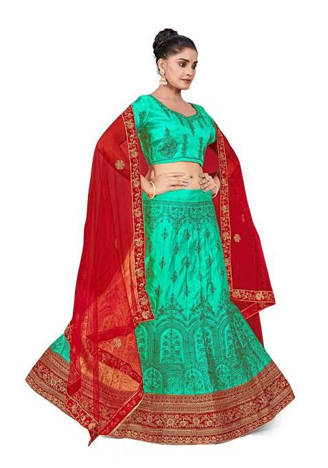 Sea Green Zari Embroidered Satin Silk Lehenga Set