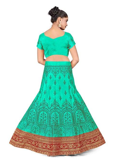 Sea Green Zari Embroidered Satin Silk Lehenga Set