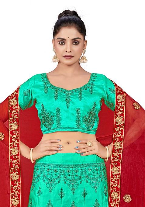 Sea Green Zari Embroidered Satin Silk Lehenga Set