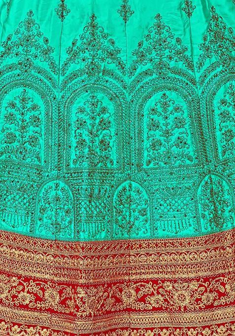 Sea Green Zari Embroidered Satin Silk Lehenga Set