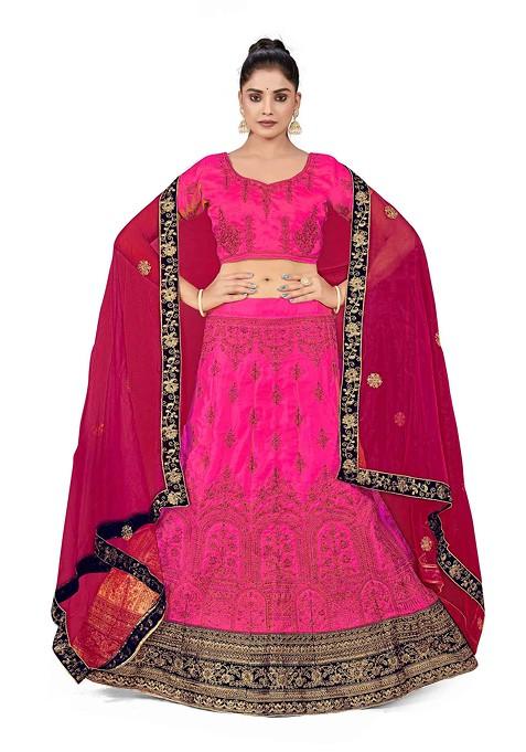 Pink Zari Embroidered Satin Silk Lehenga Set