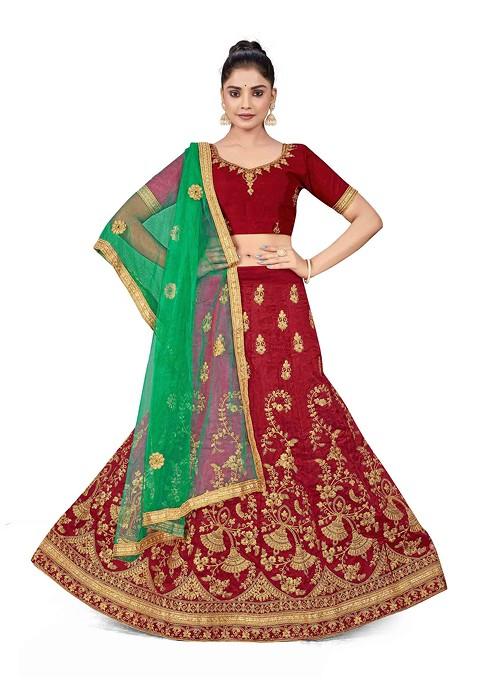 Maroon Zari Embroidered Silk Lehenga Set