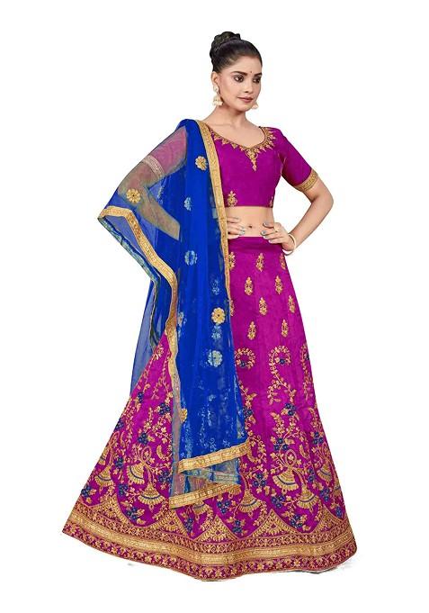 Purple Zari Embroidered Silk Lehenga Set