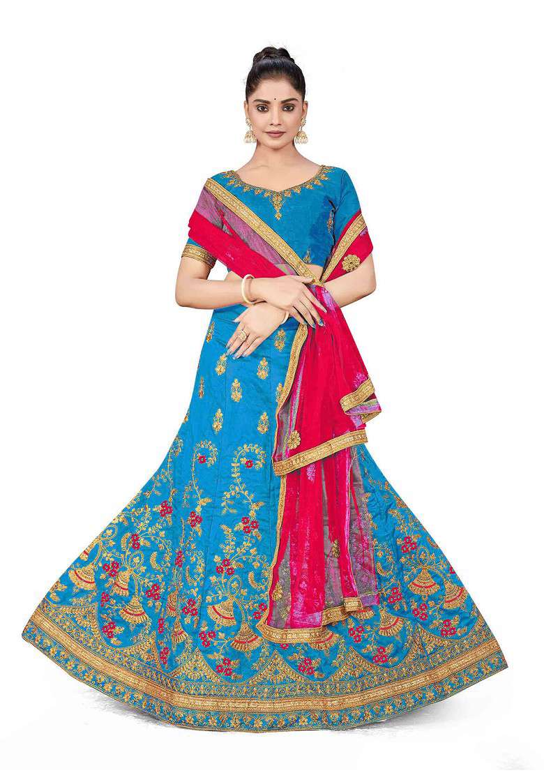 Sky Blue Zari Embroidered Silk Blend Lehenga Set - Indya