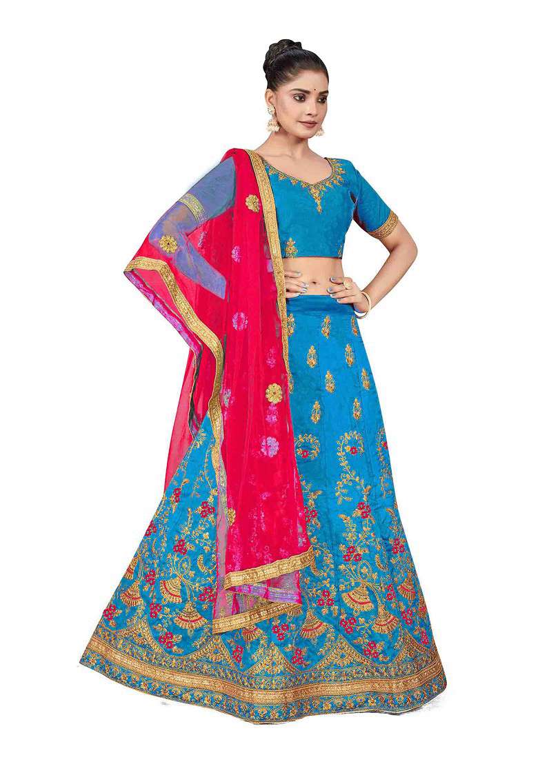 Sky Blue Zari Embroidered Silk Blend Lehenga Set - Indya
