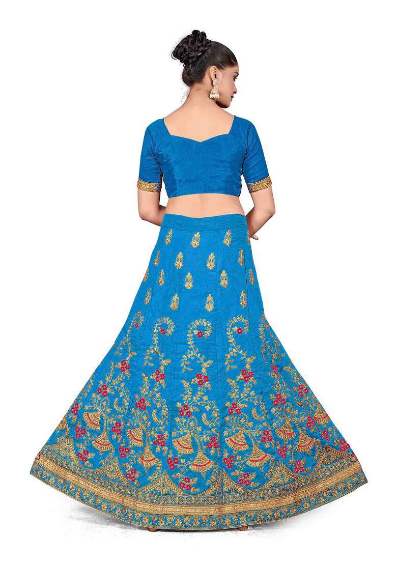 Sky Blue Zari Embroidered Silk Blend Lehenga Set - Indya
