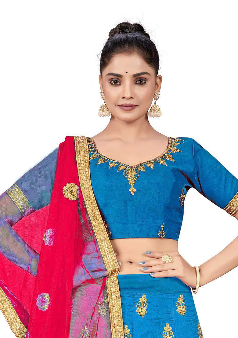 Sky Blue Zari Embroidered Silk Blend Lehenga Set - Indya