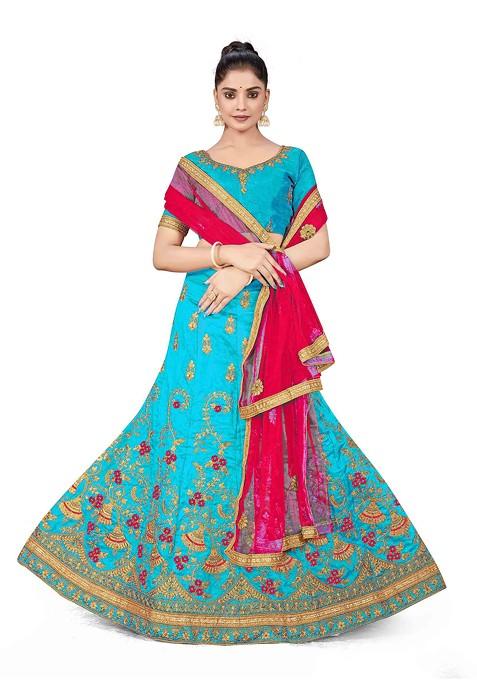 Sky Blue Zari Embroidered Silk Lehenga Set