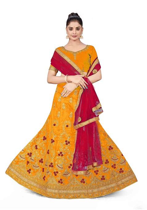 Yellow Zari Embroidered Silk Lehenga Set