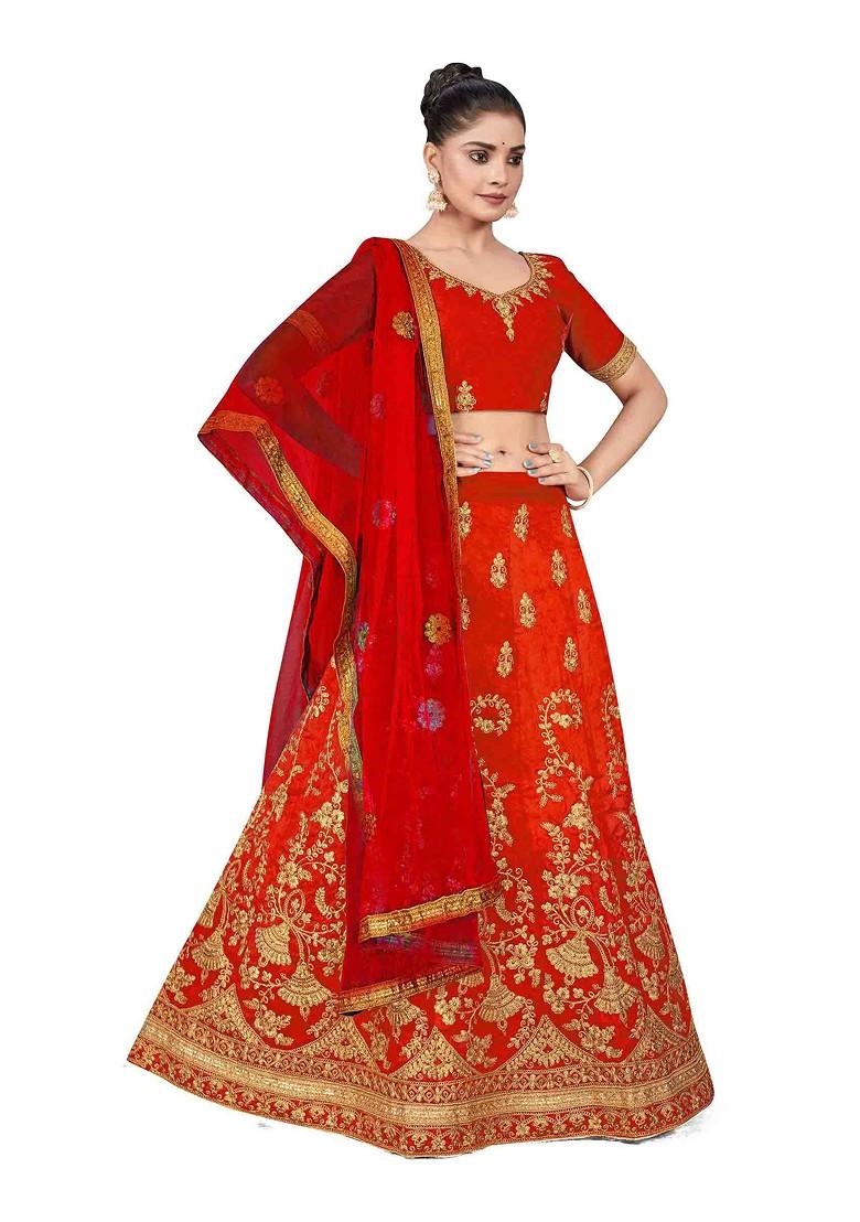 Rust Zari Embroidered Silk Lehenga Set