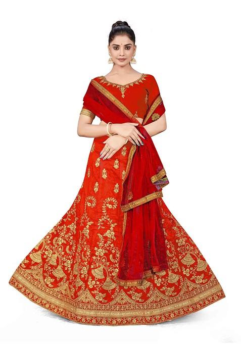 Rust Zari Embroidered Silk Lehenga Set