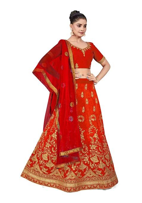 Rust Zari Embroidered Silk Lehenga Set