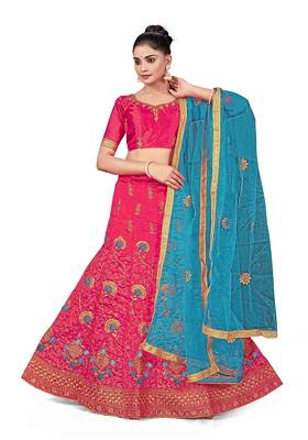 Pink Zari Embroidered Silk Lehenga Set
