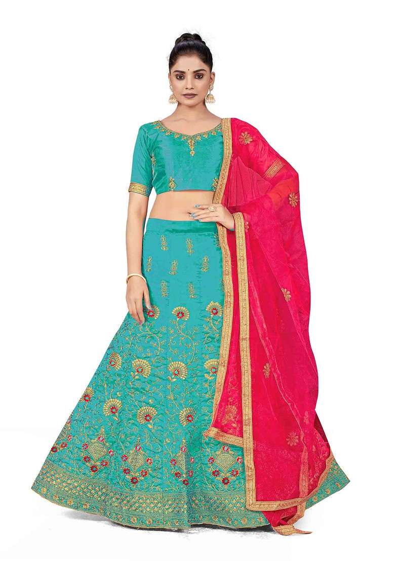 Sky Blue Zari Embroidered Silk Blend Lehenga Set for Diwali and Festive Wear - Indya