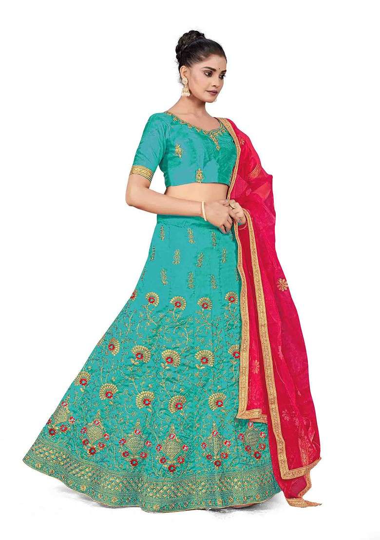 Sky Blue Zari Embroidered Silk Blend Lehenga Set for Diwali and Festive Wear - Indya